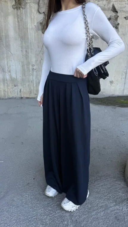 Navy Blue Pleated Palazzo Pants