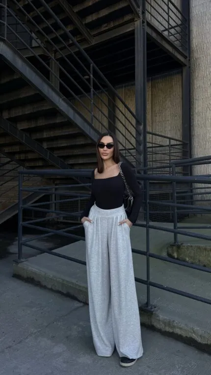 Grey Pleated Palazzo Pants