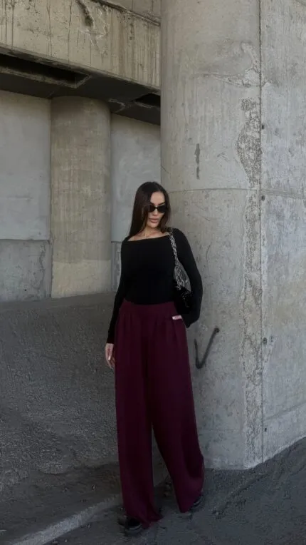 Burgundy Pleated Palazzo Pants