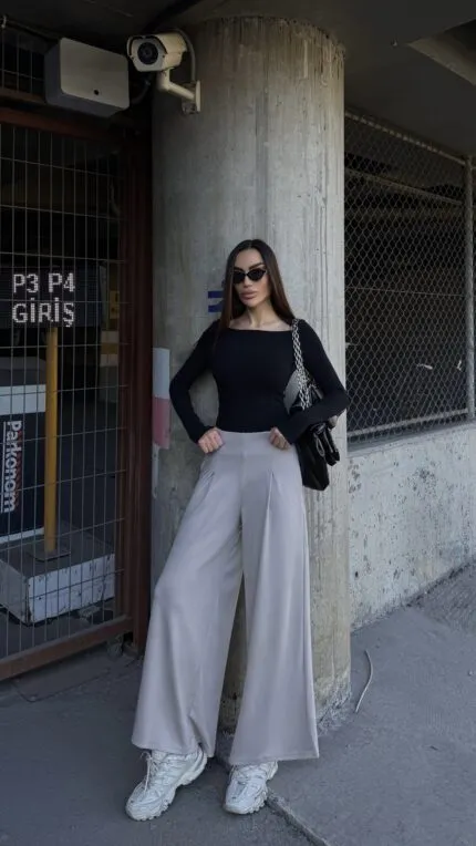 Stone Color Pleated Palazzo Skirt