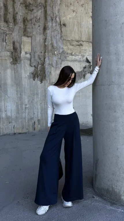 Navy Blue Pleated Palazzo Skirt
