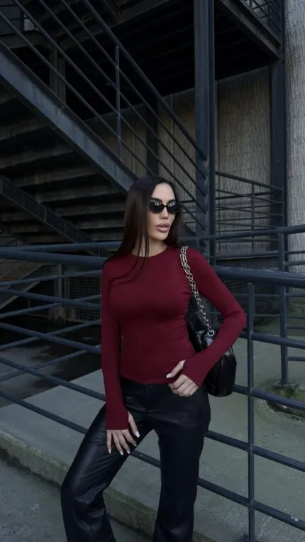 Bordo Parmak Geçmeli Body