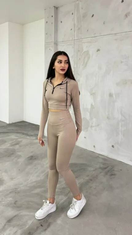 Stone Color Thick Ribbed Leggings Set