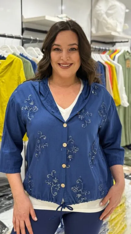 Navy Blue Cotton Embroidered Hooded Cardigan