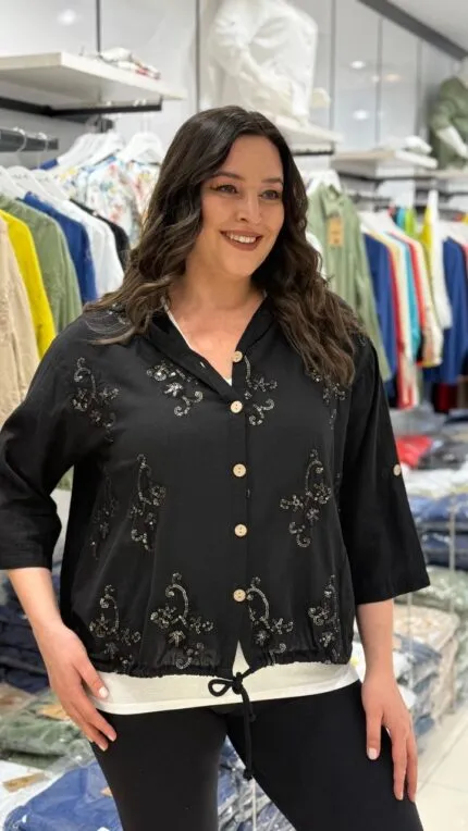 Black Cotton Embroidered Hooded Cardigan