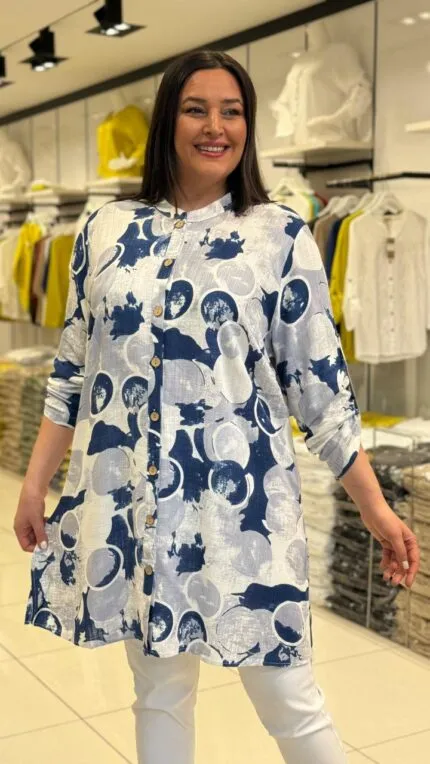 Blue Patterned 100% Cotton Tunic Shirt