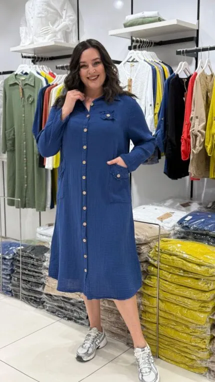 Navy Blue Muslin Back Detail Shirt Dress