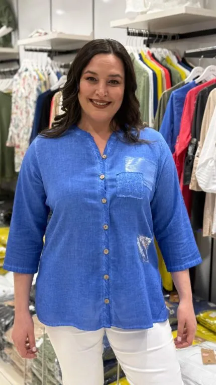 Blue Sequined Detail 100% Cotton Shirt