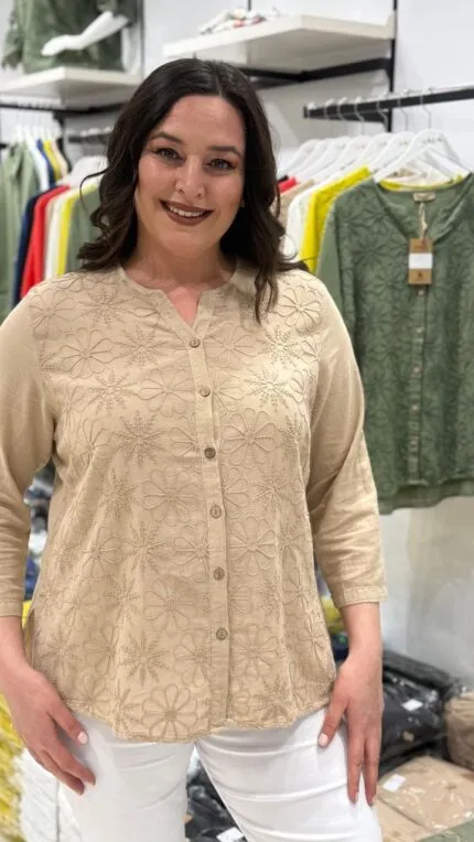 Beige Floral Pattern 100% Cotton Shirt