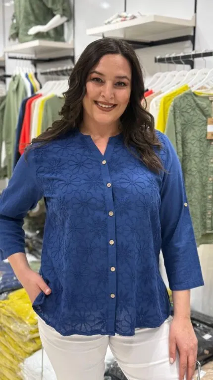 Navy Blue Floral Pattern 100% Cotton Shirt