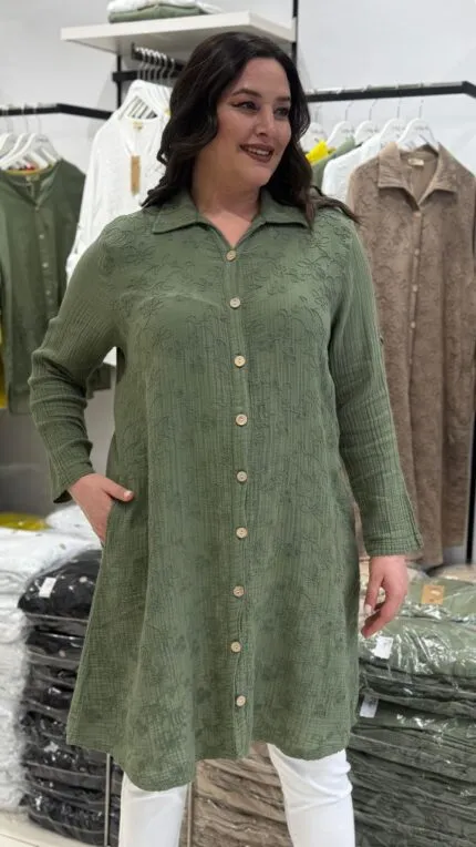 Haki Floral Pattern 100% Cotton Tunic Shirt