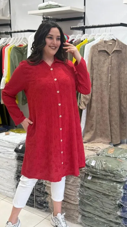 Red Floral Pattern 100% Cotton Tunic Shirt