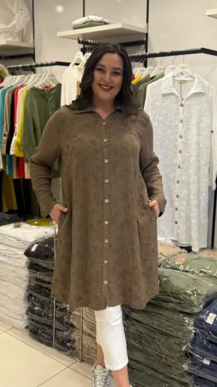 Brown Floral Pattern 100% Cotton Tunic Shirt