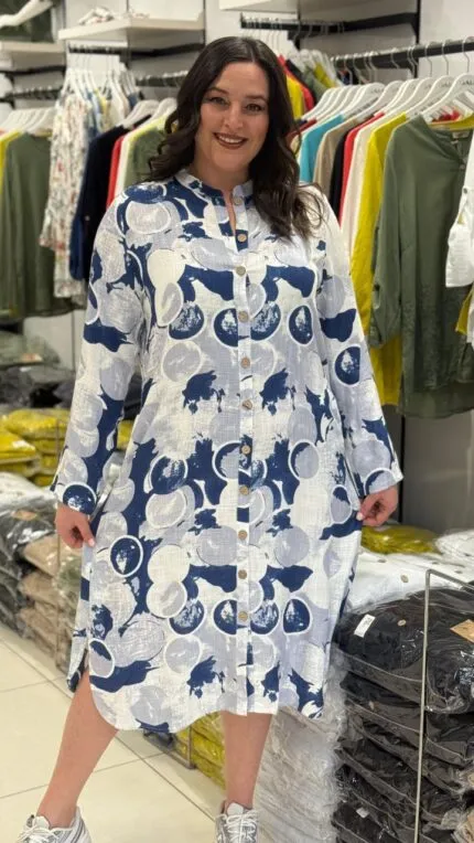 Blue Patterned 100% Cotton Shirt Dress