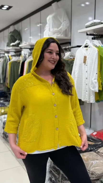 Olive Omuz Detaylı Kapüşonlu Müslin Gömlek