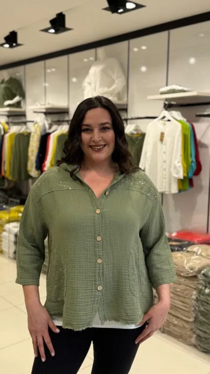 Khaki Hooded Muslin Shirt with Shoulder Detail
