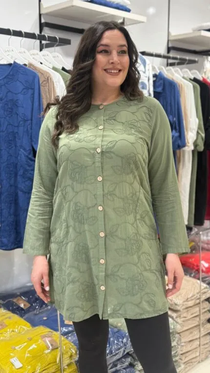 Haki Patterned Pocket 100% Cotton Tunic Shirt