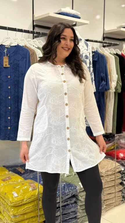 White Patterned Pocket 100% Cotton Tunic Shirt