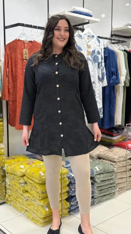 Siyah Desenli Cepli 100% Pamuk Tunik Gömlek