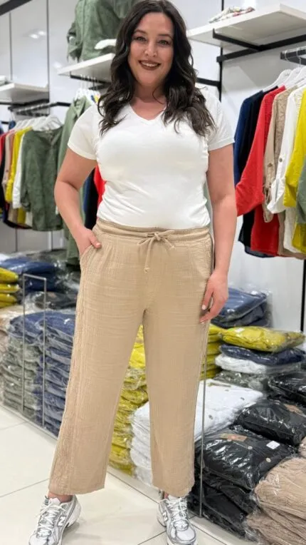 Bej Yan Şeritli 100% Pamuk Pantolon