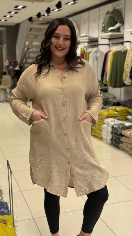 Bej Sırt Detaylı 100% Pamuk Tunik Gömlek