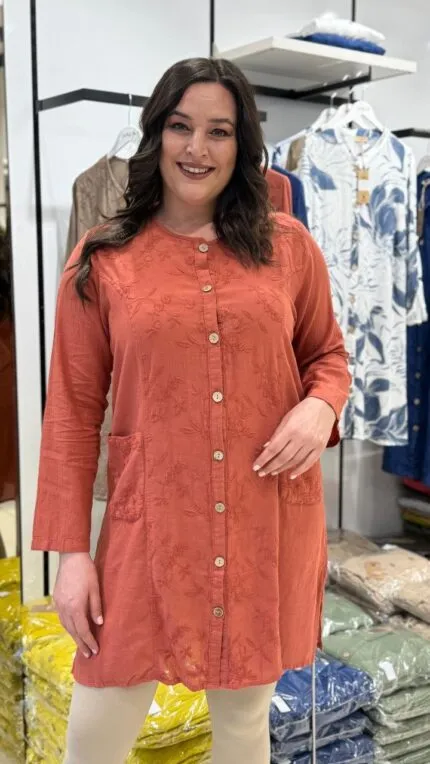 SALMON Floral Pattern Pocketed 100% Cotton Tunic Shirt