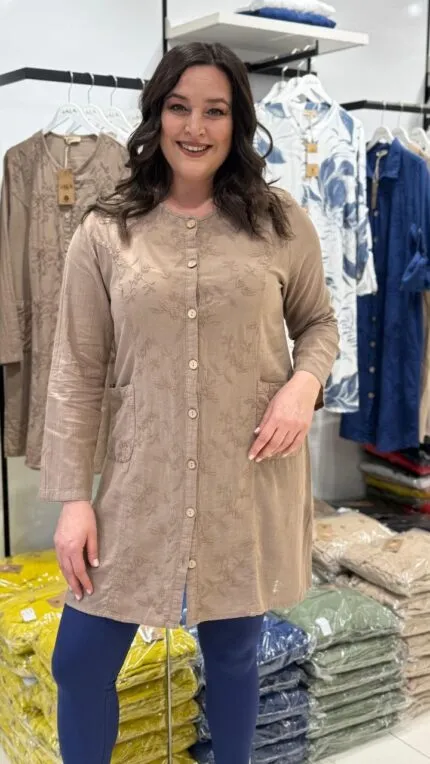 Beige Floral Patterned Pocketed 100% Cotton Tunic Shirt