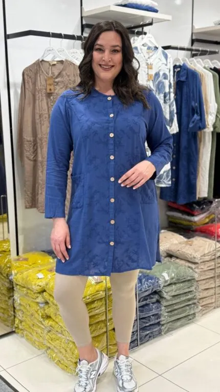 Navy Blue Floral Patterned Pocket 100% Cotton Tunic Shirt