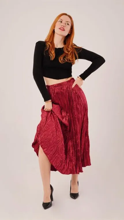 Midi Boy Pileli Saten Toptan Bordo Etek