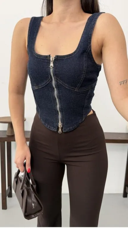 Fermuarlı Denim Büstiyer 411