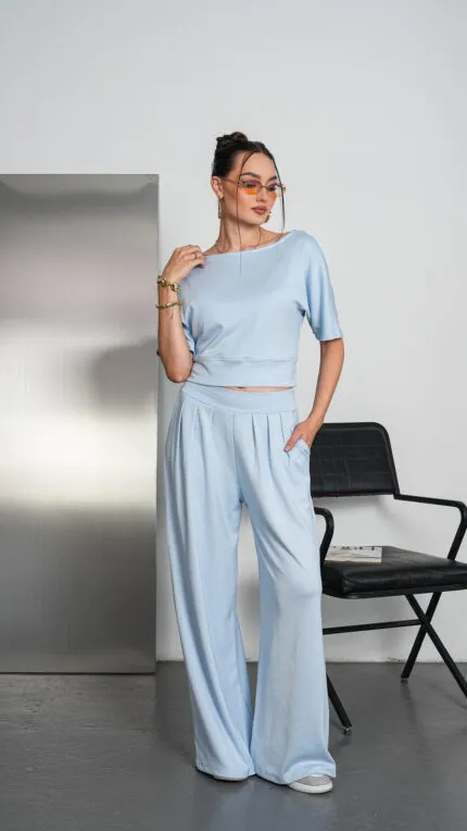 Bebe Blue Boat Neck Pleated Set