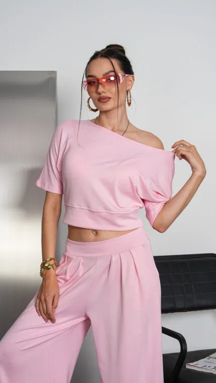Pembe Kayık Yaka Pileli Takım