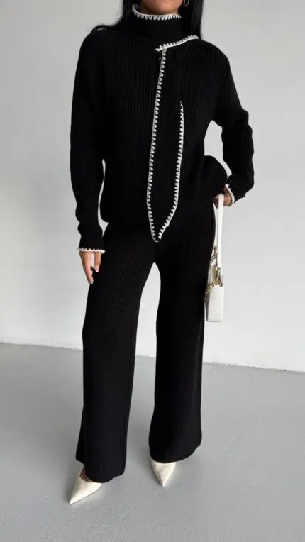 BLACK - BLACK SHAWL DETAIL KNIT SET