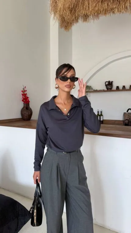 Füme Çıtçıtlı Polo Yaka Bluz