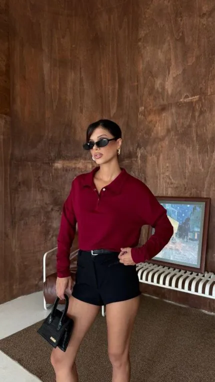 Bordo Çıtçıtlı Polo Yaka Bluz