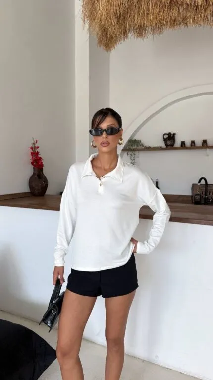 Ecru Snap Button Polo Neck Blouse