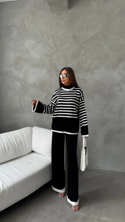 BLACK - BLACK FISHERMAN COLLAR STRIPED KNIT SET