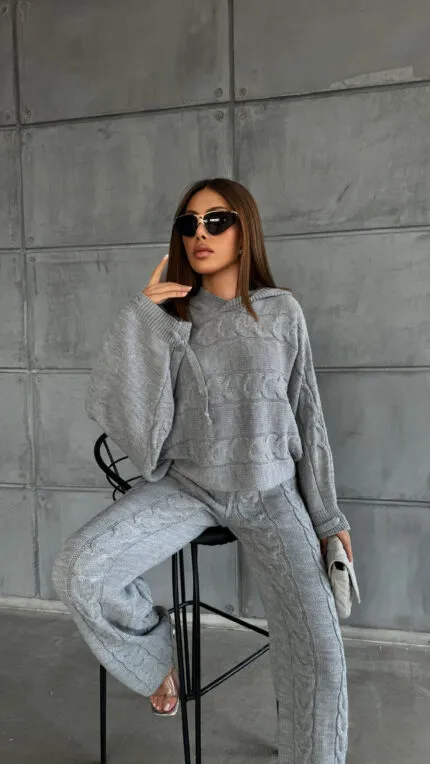 GRAY – GRİ KAPŞONLU SAÇ ÖRGÜ TAKIM