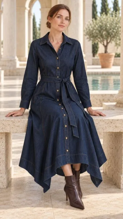Asymmetric Hem Belted Dress 3090
