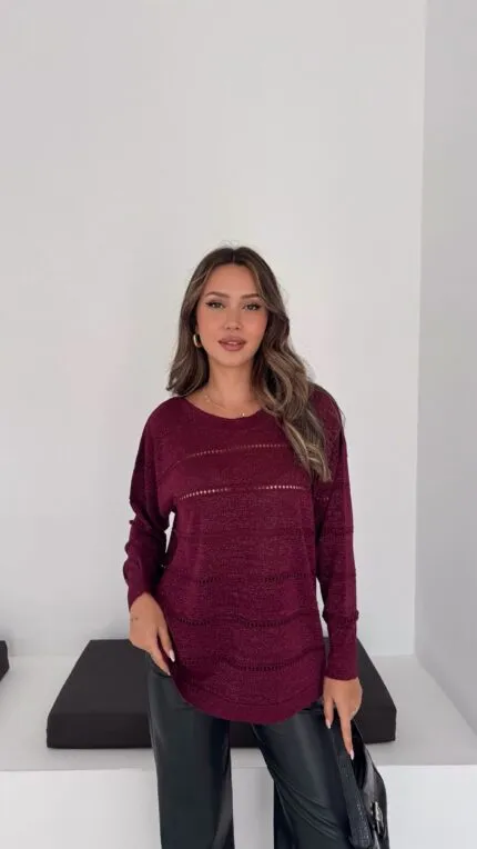 Burgundy Openwork Knit Sweater