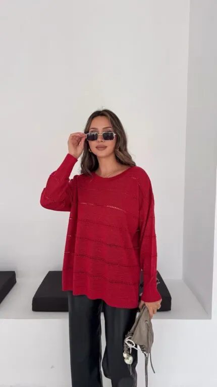 Red Openwork Knit Sweater