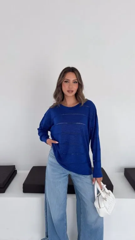 Navy Blue Openwork Knit Sweater