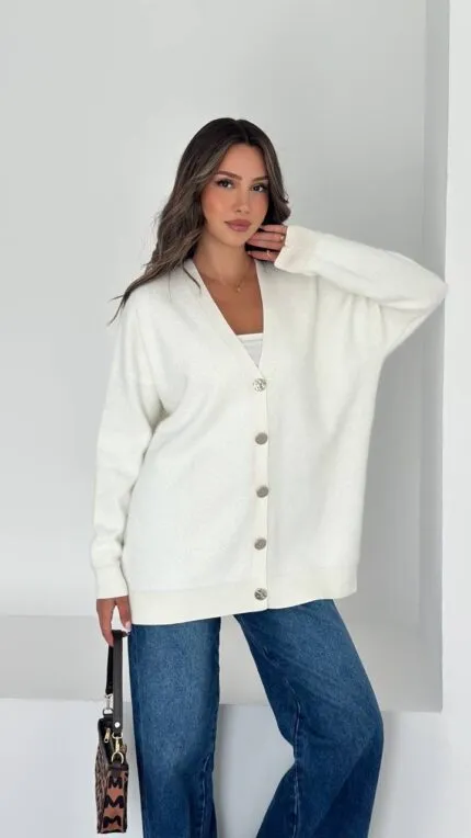 Cream Front Buttoned V-Neck Beard Cardigan