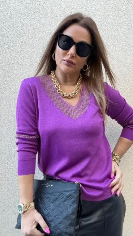 DARK PURPLE Gold glitter V-neck knit sweater
