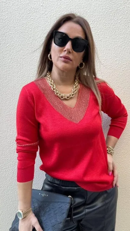 Kırmızı Gold simli v yaka triko kazak