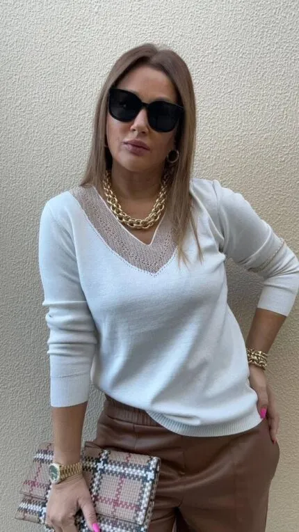 Cream Gold glitter V-neck knit sweater
