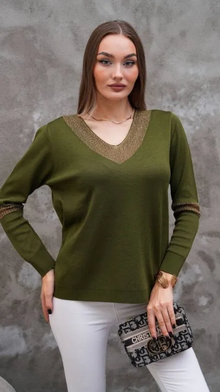 Khaki Gold glitter V-neck knit sweater