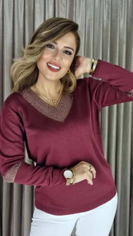 Burgundy Gold glitter V-neck knit sweater
