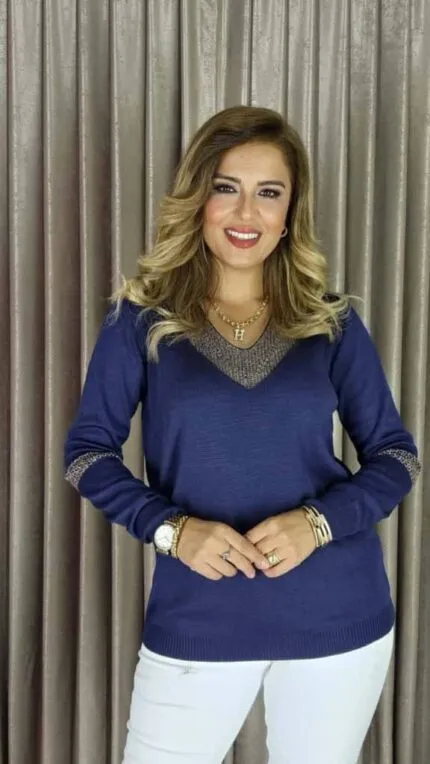 Dark Navy Blue Gold glitter V-neck knit sweater