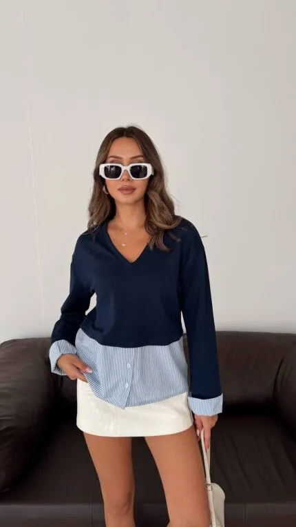 Dark Navy Poplin V-Neck Blouse